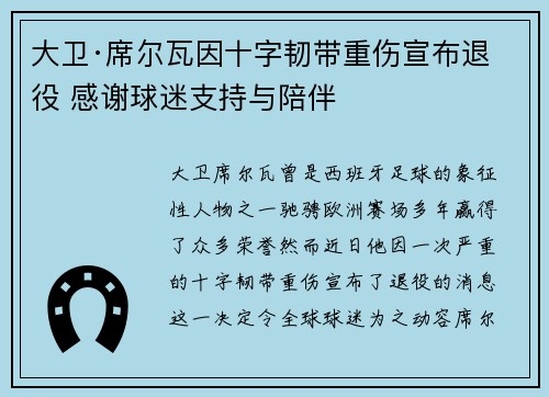 大卫·席尔瓦因十字韧带重伤宣布退役 感谢球迷支持与陪伴
