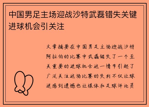 中国男足主场迎战沙特武磊错失关键进球机会引关注