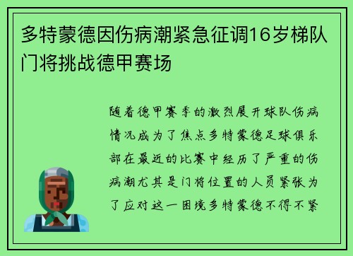 多特蒙德因伤病潮紧急征调16岁梯队门将挑战德甲赛场